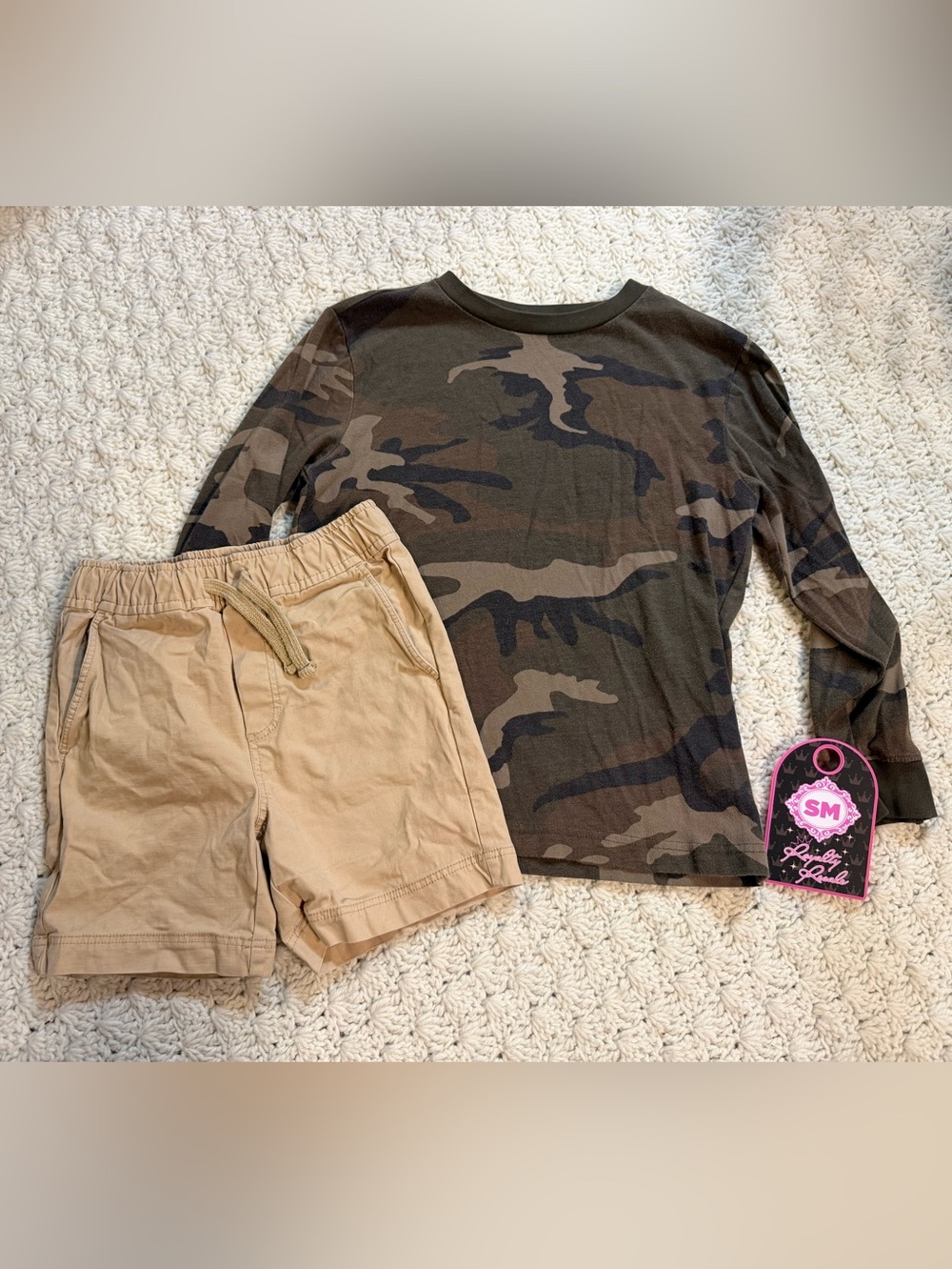Old Navy Camo Long-Sleeve Top and Tan Shorts Set